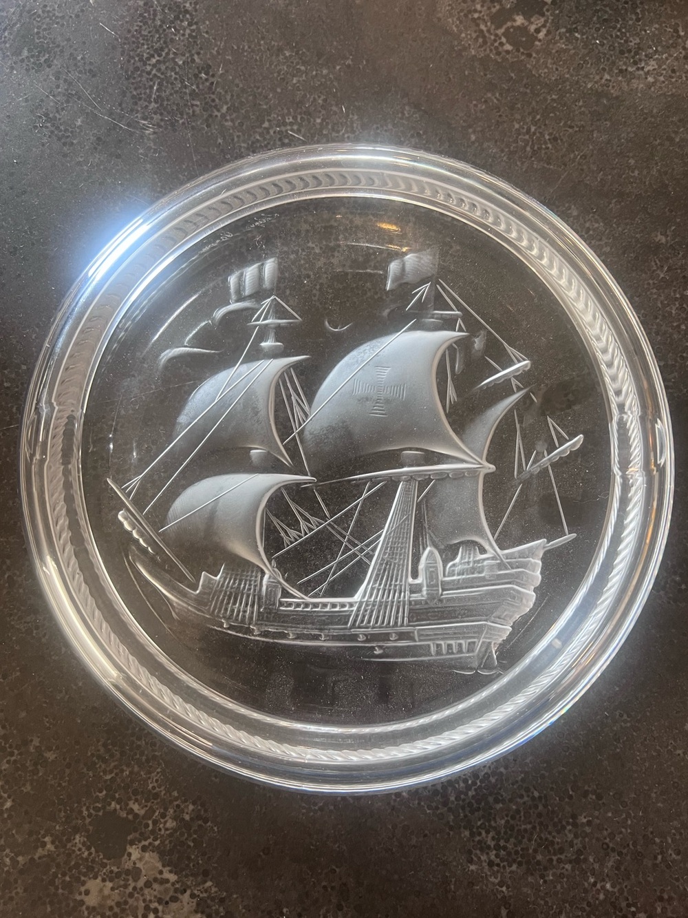 Lalique France Frosted Crystal Ship ashtray– Galleon Sailing Ship Frigate Dish